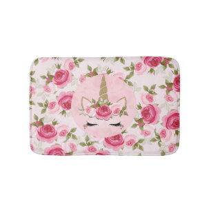Unicorn Gold Pink Floral Roses Cute Trendy Shower Bath Mat