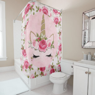 Unicorn Gold Pink Floral Roses Cute Trendy  Shower Curtain