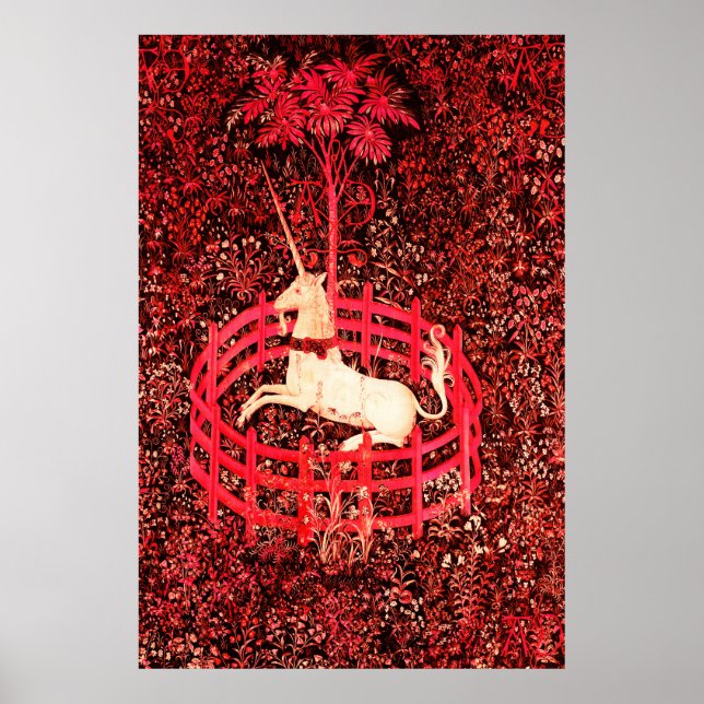 UNICORN GOTHIC FANTASY FLOWERS,RED FLORAL MOTIFS POSTER (Front)