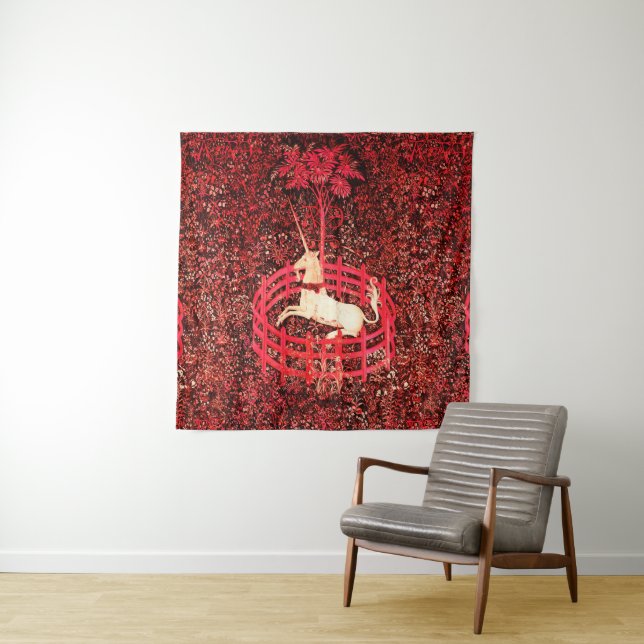 UNICORN GOTHIC FANTASY FLOWERS,RED FLORAL MOTIFS TAPESTRY (In Situ)