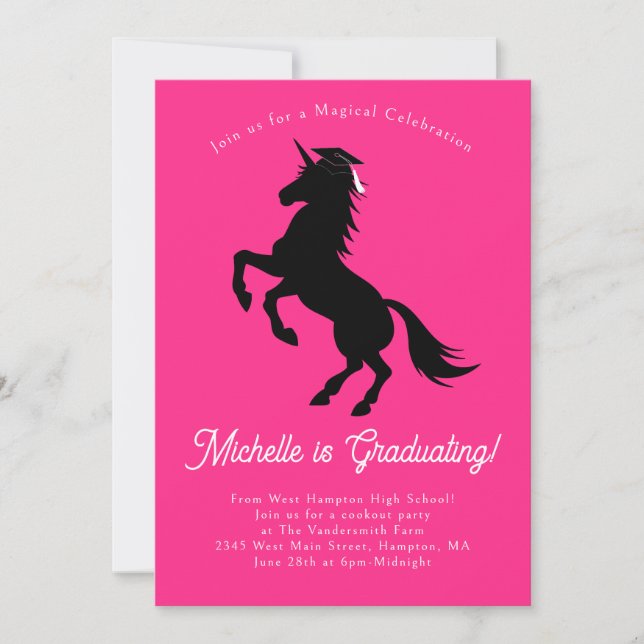 Unicorn Graduation Party Pink and Black Invitation (Front)