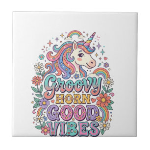 Unicorn Groovy Horn Good Vibes Charming POD Artwor Ceramic Tile