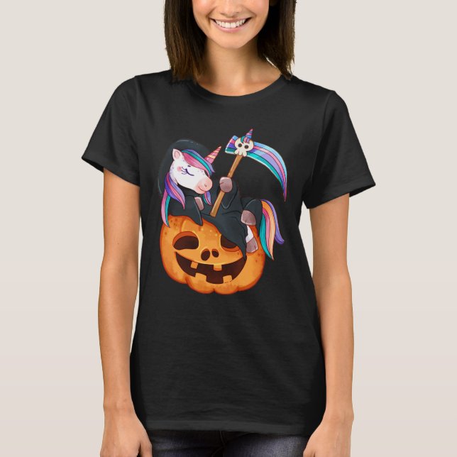 Unicorn Halloween Costume Death Lying On Pumpkin T-Shirt (Front)