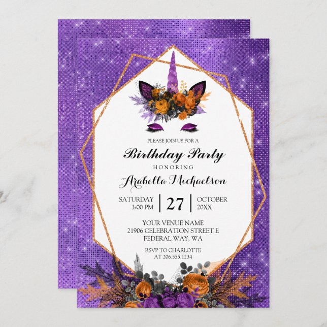 Unicorn Halloween Floral Purple Sparkle Birthday Invitation (Front/Back)