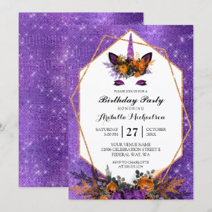 Unicorn Halloween Floral Purple Sparkle Birthday Invitation