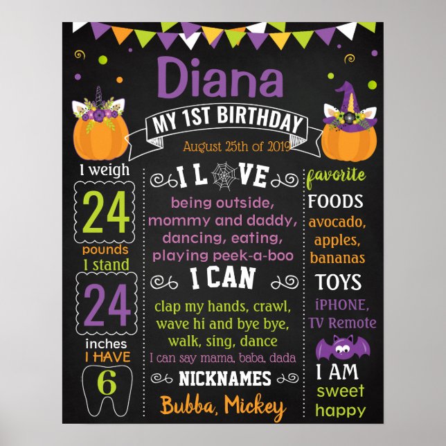 Unicorn Halloween Pumpkin First Birthday board Poster (Front)