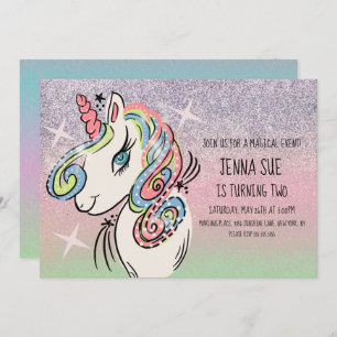 Unicorn  Hand Drawn Ombré Rainbow Birthday  Invitation
