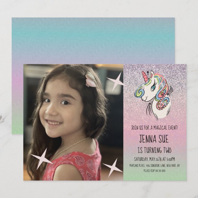 Unicorn  Hand Drawn Ombré Rainbow Photo Birthday   Invitation (Front/Back)