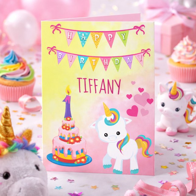 Unicorn Happy 1st Birthday Girl Card (Creator Uploaded)