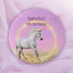 Unicorn Happy Birthday Name and Age Template 7.5 Cm Round Badge<br><div class="desc">Magical unicorn running in a field of flowers with a pink and lavender sky in the background and a circle of sparkles. Name and age template. Lovely gift for the Birthday Girl (or as a special prize for winning a game) in pink and lavender with magical sparkles. A keepsake reminder...</div>