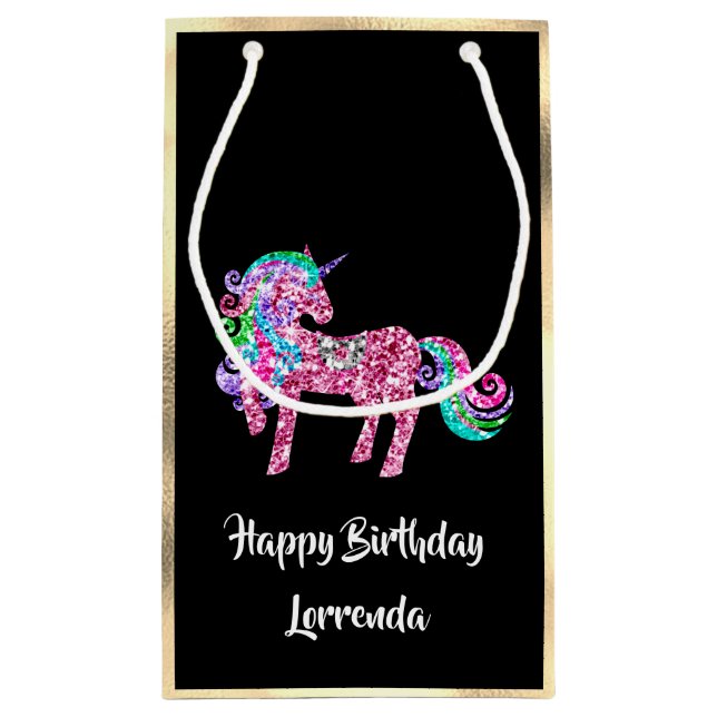 Unicorn Happy Birthday Name Gold Pink Girly Black Small Gift Bag (Back)
