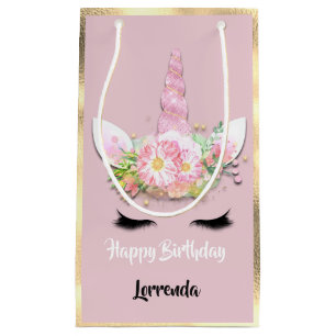 Unicorn Happy Birthday Name Gold Pink Girly Lash Small Gift Bag