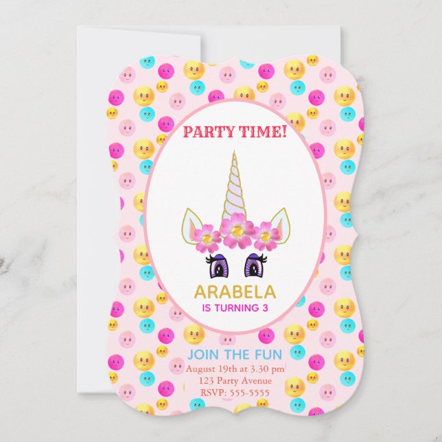 Unicorn & Happy Faces Birthday Party Invitation (Front)