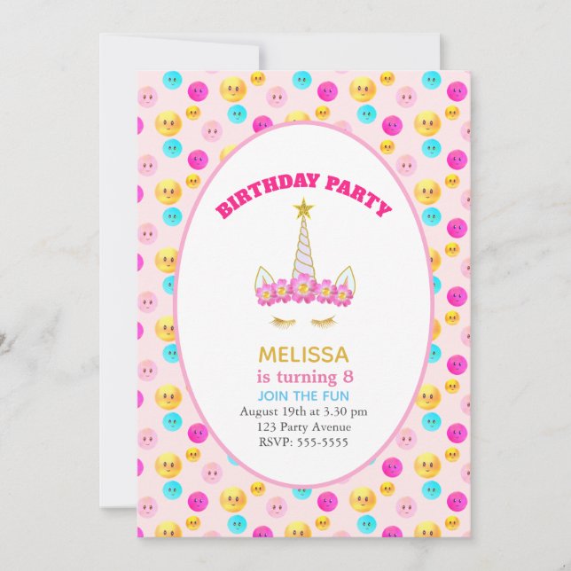 Unicorn & Happy Faces on Pink Birthday Party Invitation (Front)