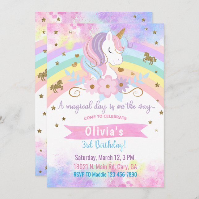 Unicorn head & flowers girl birthday invitation. i invitation (Front/Back)