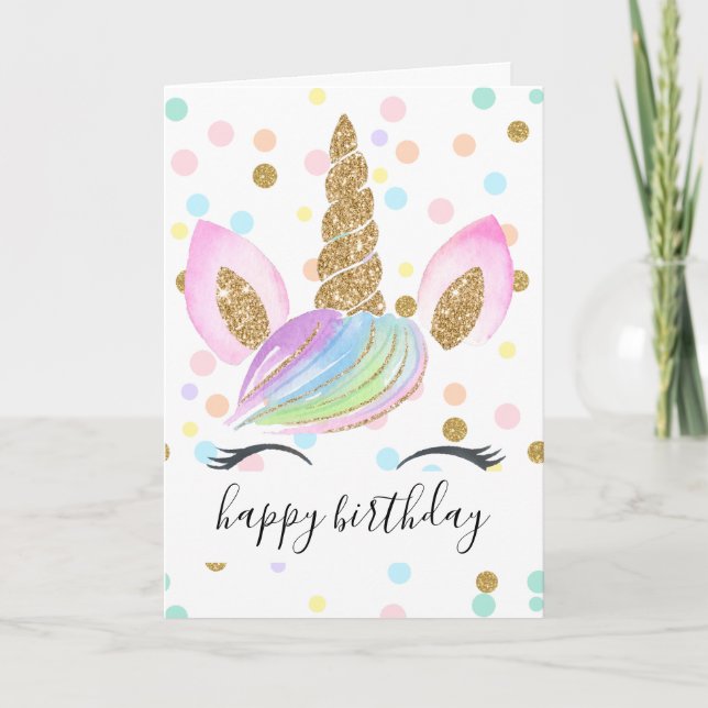 Unicorn Head Gold Glitter Rainbow Polka Dot Girl Card (Front)
