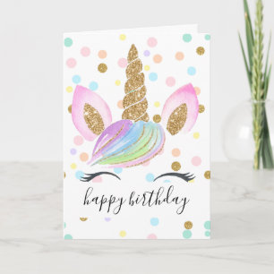 Unicorn Head Gold Glitter Rainbow Polka Dot Girl Card