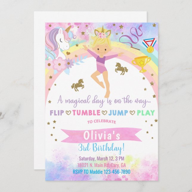 Unicorn head gymnastics blonde girl birthday. invitation (Front/Back)
