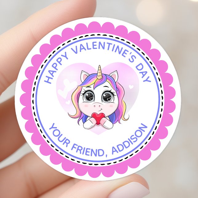 Unicorn Heart Cute Personalised Valentine Classic Round Sticker (Creator Uploaded)