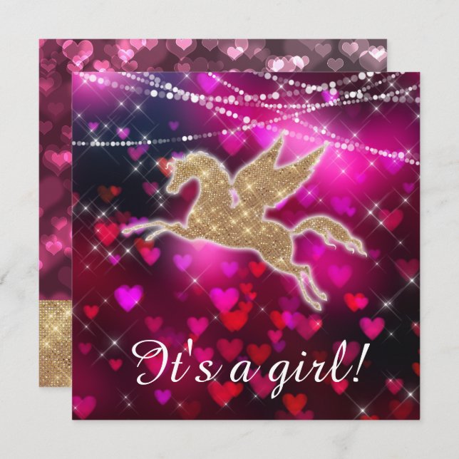 Unicorn Hearts Pink Baby Girl Shower Invitation (Front/Back)