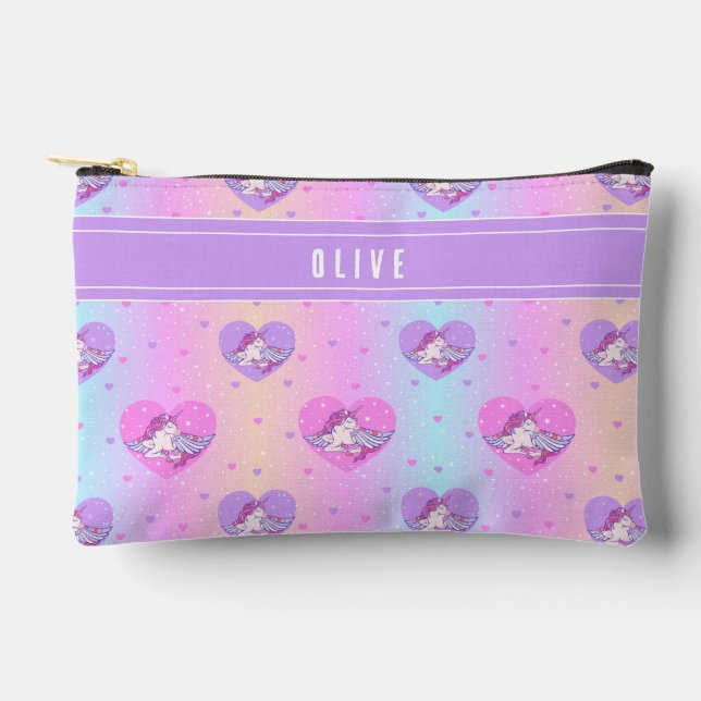 Unicorn Hearts, pink & purple pencil or toiletries Accessory Pouch (Front)