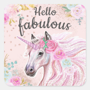 Unicorn Hello Fabulous Pink Floral Gold Glitter  Square Sticker