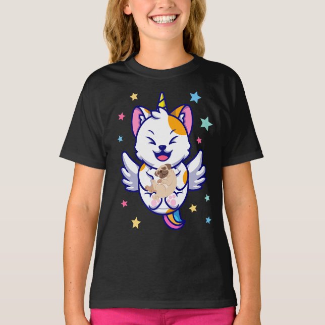 Unicorn Holding Dog Pug Kawaii Anime Girl T-Shirt (Front)