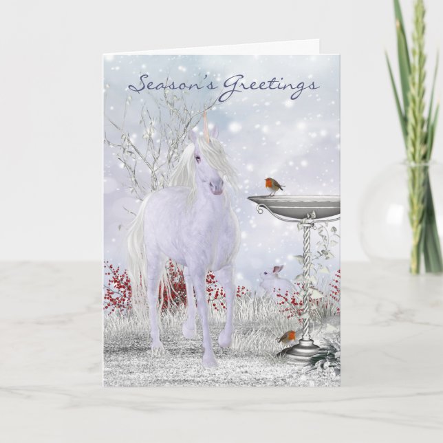 Unicorn Holiday Card Winter Scenery With Robins (Front)