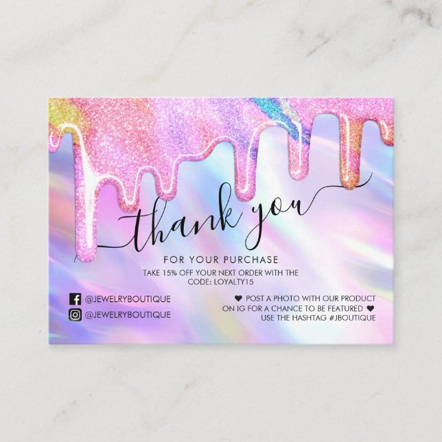 Unicorn Holographic Glitter Customer Thank You Business Card (Front)