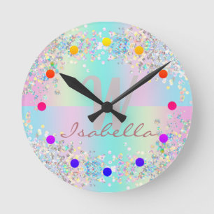 Unicorn Holographic Glitter Round Clock