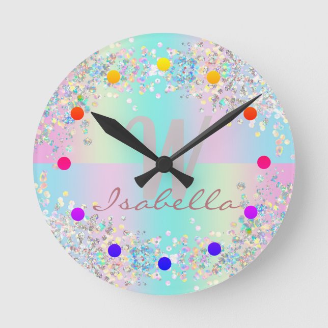Unicorn Holographic Glitter Round Clock (Front)