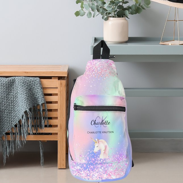 Unicorn holographic pink monogram name sling bag (Creator Uploaded)