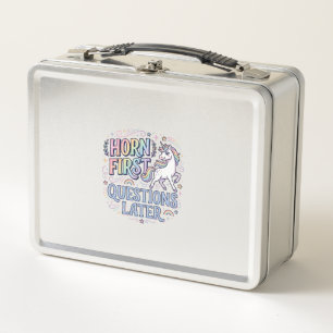 Unicorn Horn First Questions Later Adorable Sticke Metal Lunch Box