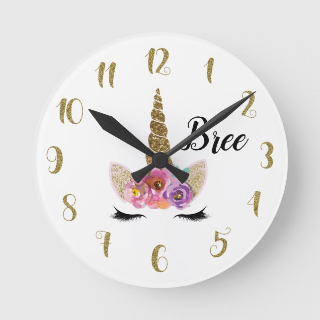 Unicorn Horn Gold Glitter Floral Fantasy Custom Round Clock (Front)
