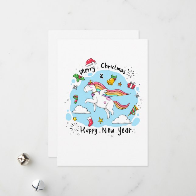 Unicorn Horse Merry Christmas and Happy New Year Holiday Card (Front/Back In Situ)