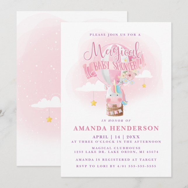 Unicorn Hot Air Balloon Girl Baby Shower Invitation (Front/Back)