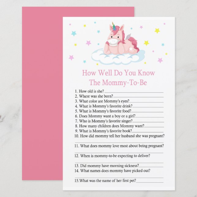 Unicorn How well do you know baby shower (Front/Back)
