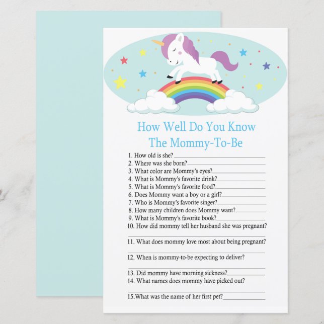 Unicorn how well do you know baby shower game (Front/Back)