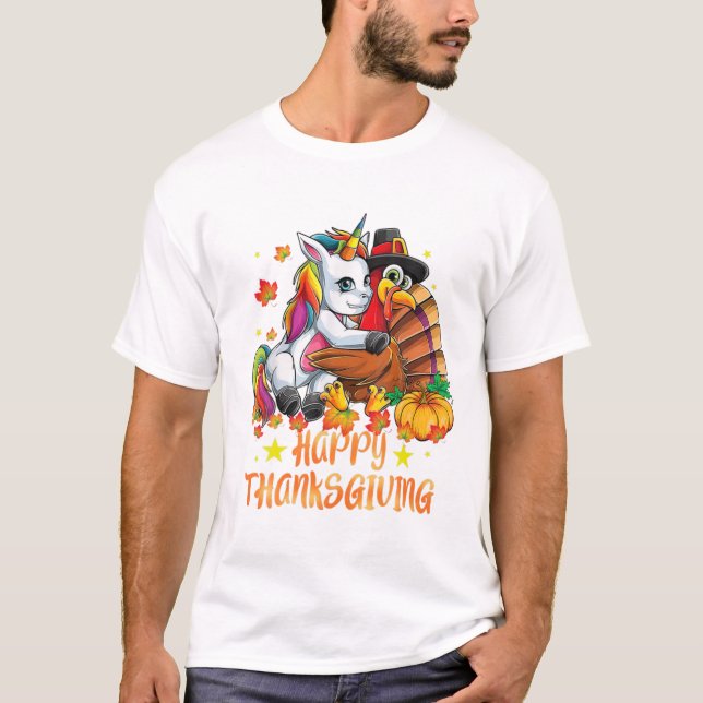 Unicorn Hugs Turkey Happy T-Shirt (Front)