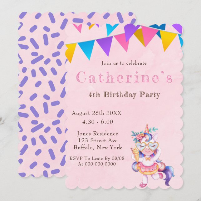 Unicorn Ice Cream Cone Birthday Party Invitations  (Front/Back)