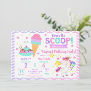 Unicorn & Ice Cream Joint Birthday   Sweet Party Invitation