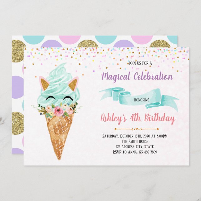 Unicorn ice cream party invitation (Front/Back)