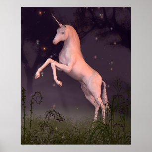 Unicorn in a Moonlit Forest Glade Poster