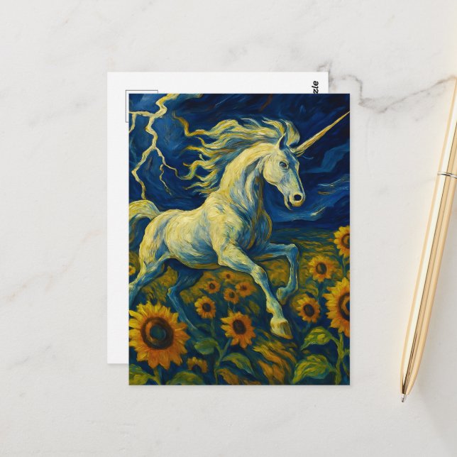 Unicorn in a Storm in Sunflowers Postcard (Front/Back In Situ)