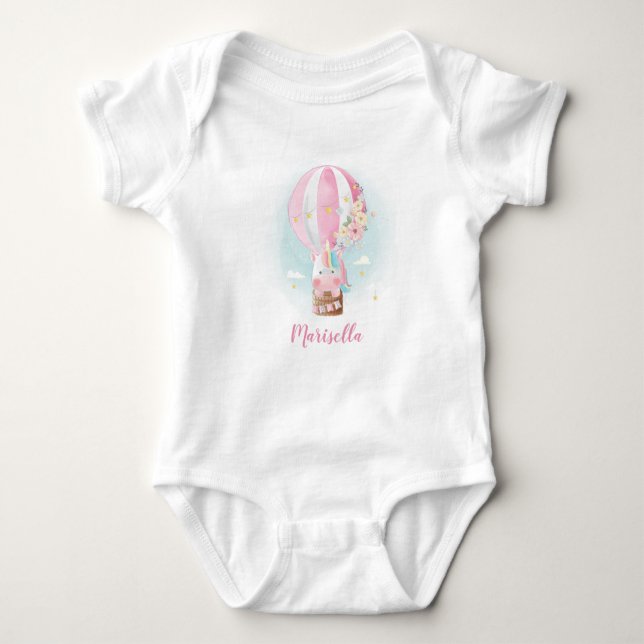 Unicorn in Balloon Name Baby Bodysuit (Front)