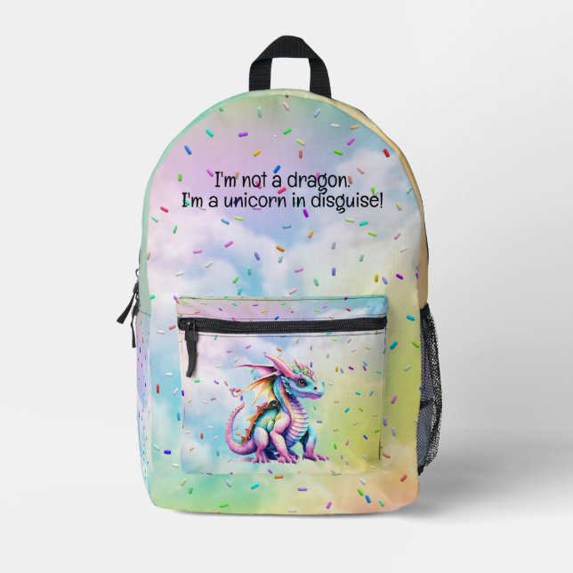 Unicorn In Disguise - Colourful Dragon & Sprinkles Printed Backpack (Front)