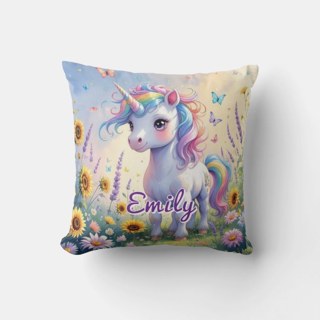 Unicorn in Flower Garden Editable Square Pillow (Front)