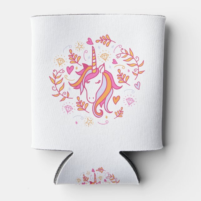 Unicorn in Pink and Orange Can Cooler (Front)