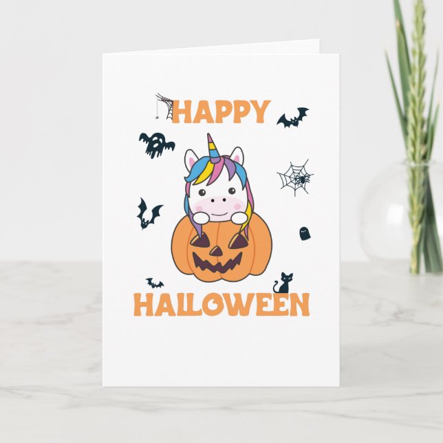 Unicorn In Pumpkin Cute Unicorns Happy Halloween Card (Front)