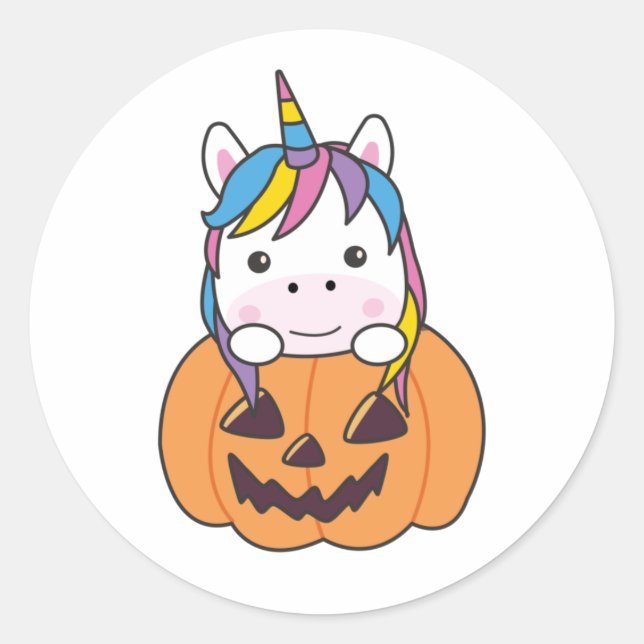 Unicorn In Pumpkin Cute Unicorns Happy Halloween Classic Round Sticker (Front)